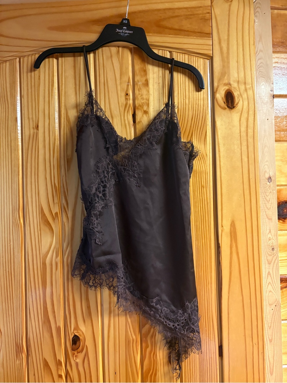 Cider Brown Lace Trim Satin Asymmetric Cami Tank